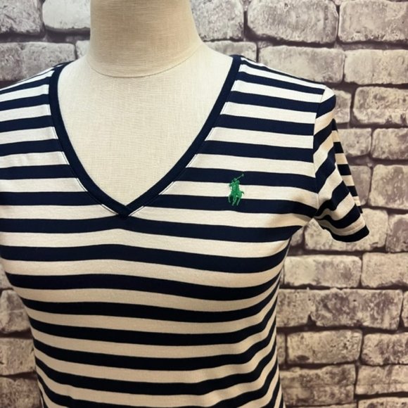 Ralph Lauren Sport Navy & White Stiped V-Neck Short Sleeve Top Size Small - Picture 2 of 8